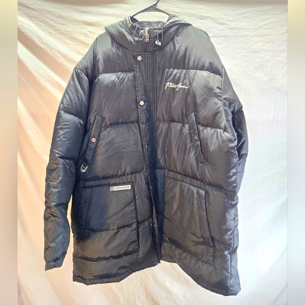 Y2K Vintage PHAT FARM Men's 2XL Black Down Puffer Hoodie Jacket Coat EUC